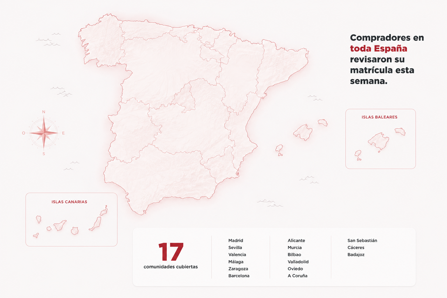 Mapa de España con las comunidades cubiertas por TransferAuto Analytics, islas Baleares e islas Canarias destacadas, listado de 17 comunidades incluyendo Madrid, Barcelona, Valencia y Sevilla